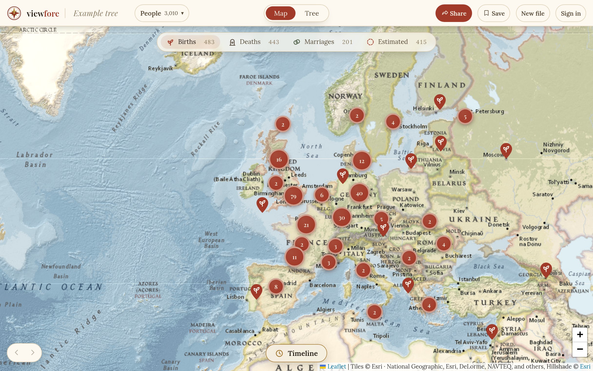 A shared family tree opened as a map of birthplaces