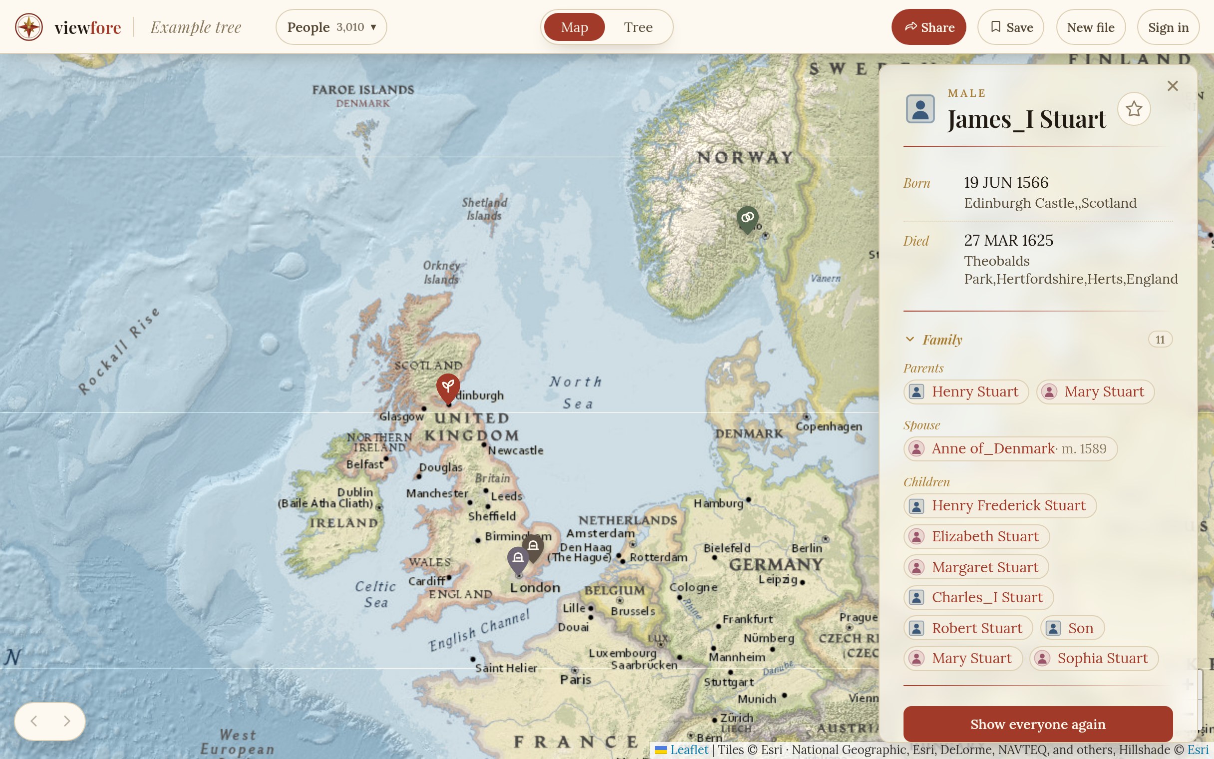 One person's places on the map: birth, marriage, death, and more