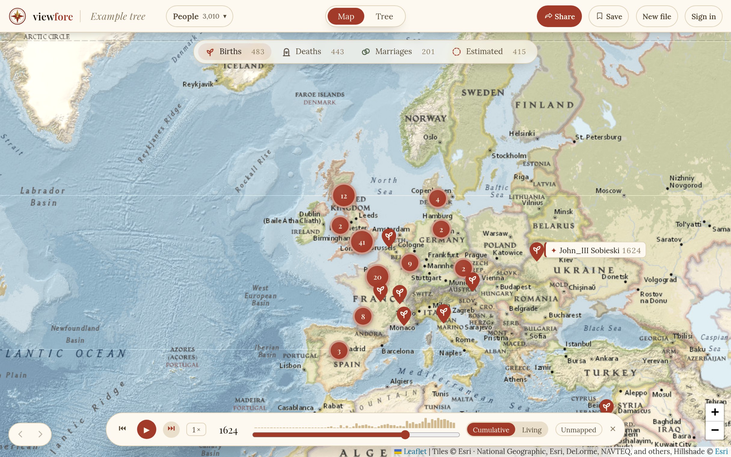 The map timeline playing, with places appearing across the years