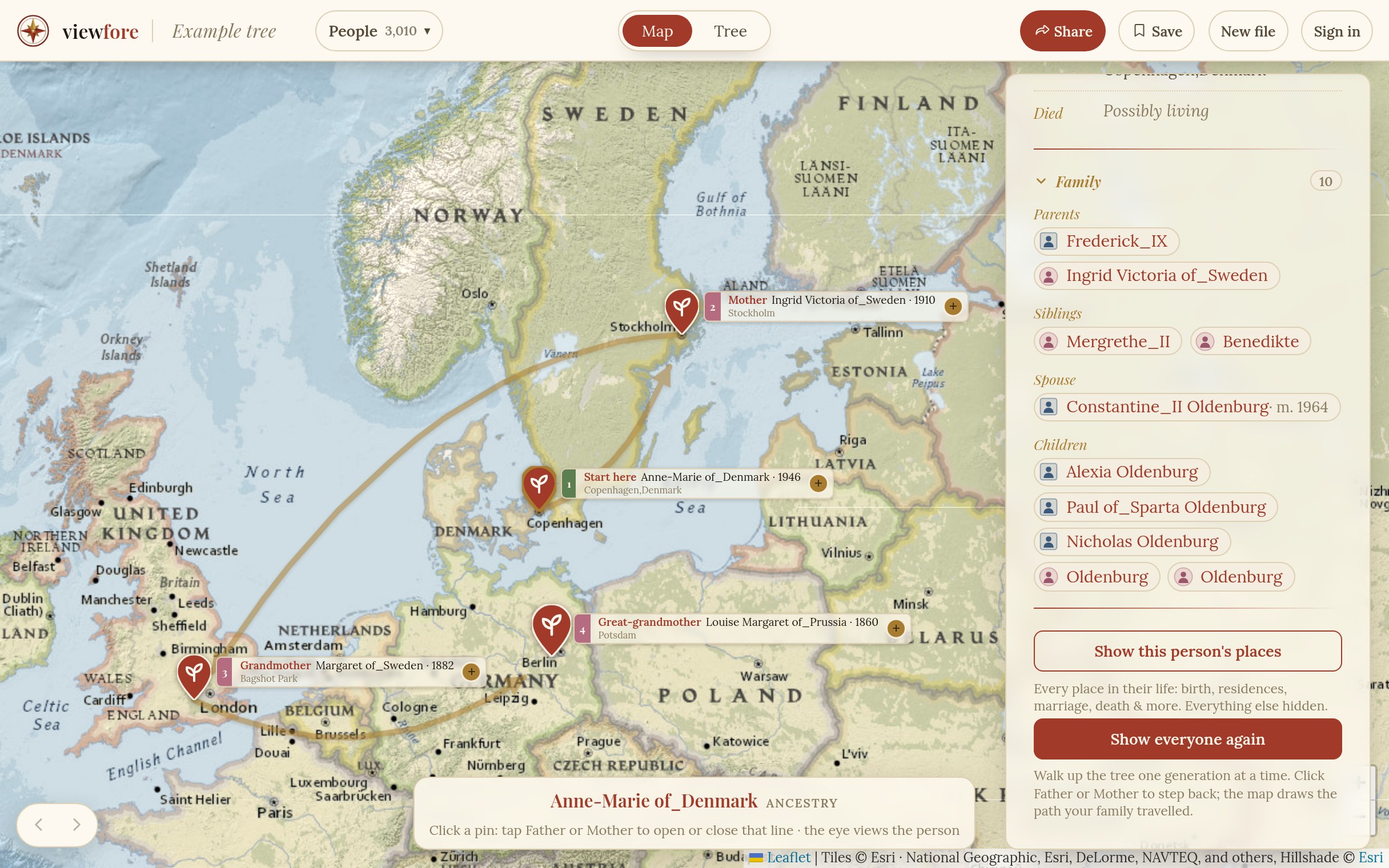 An ancestor migration map: one family line joined by gold arrows across the birthplaces of each generation